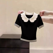 Versatile Color-block Doll-collar Short-sleeve Top