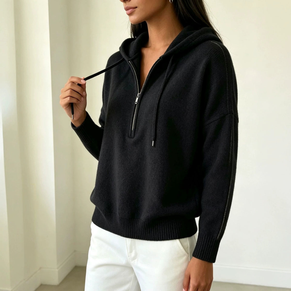 Womens Solid-color Loose-fit Sweater with Drawstring
