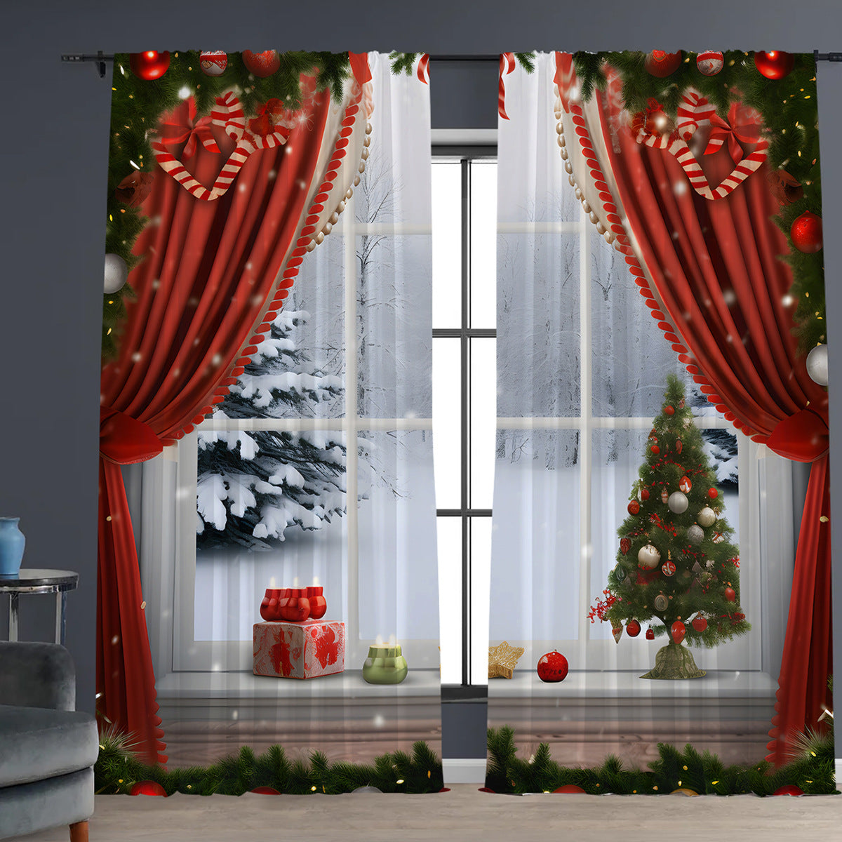 2pcs Christmas Curtain 3d Digital Printing Flower Type