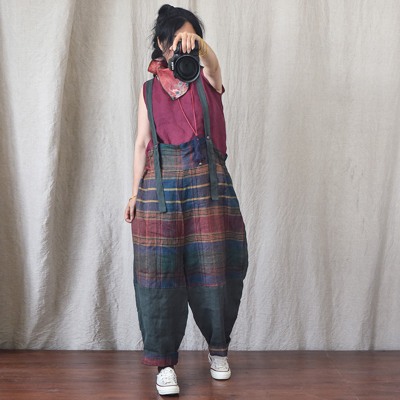 Chic Linen Patchwork Suspender Pants for Women