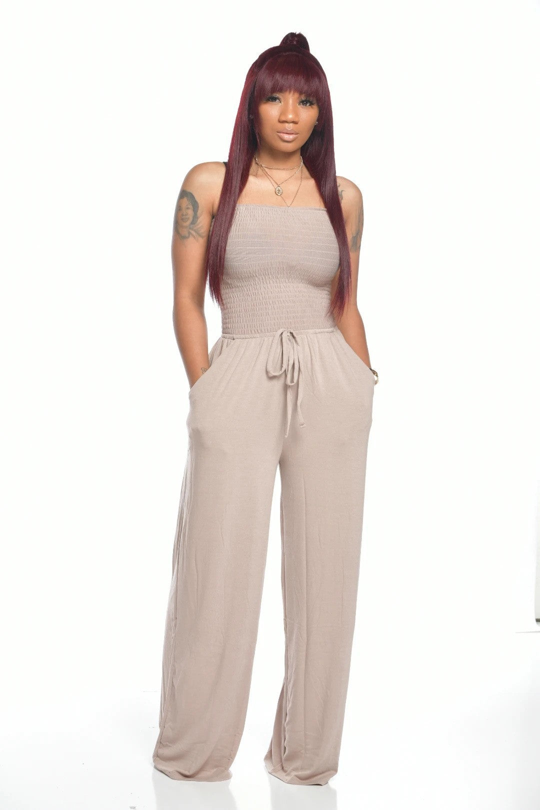 Casual Solid Color Strap Tube Top Wide Leg Jumpsuit