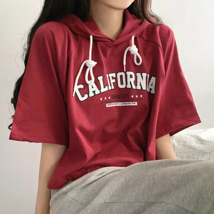 Casual Letter Print Short Sleeve Hooded Tee