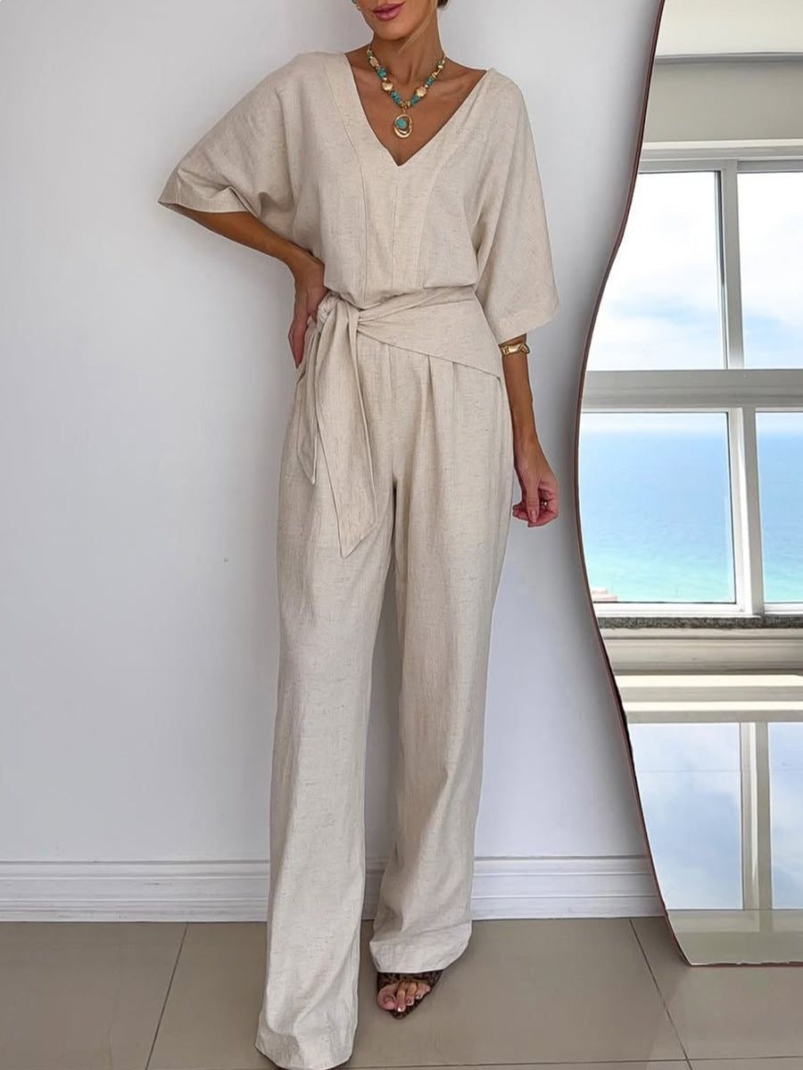 Chic V-Neck Belted Casual Jumpsuit