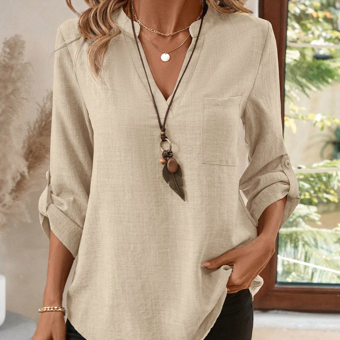 Women's Spring Full Print Notched Neck Sleeve Work Blouse