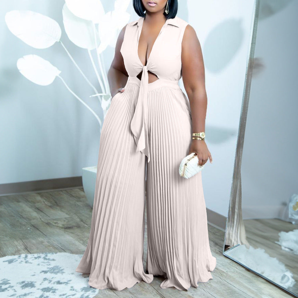 Women's V-Neck Sleeveless Wide-Leg Printed Jumpsuit