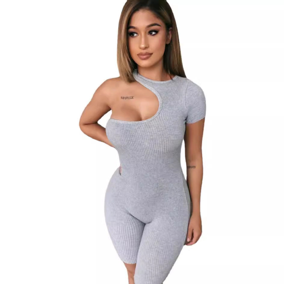 High-Stretch One-Shoulder Short Jumpsuit