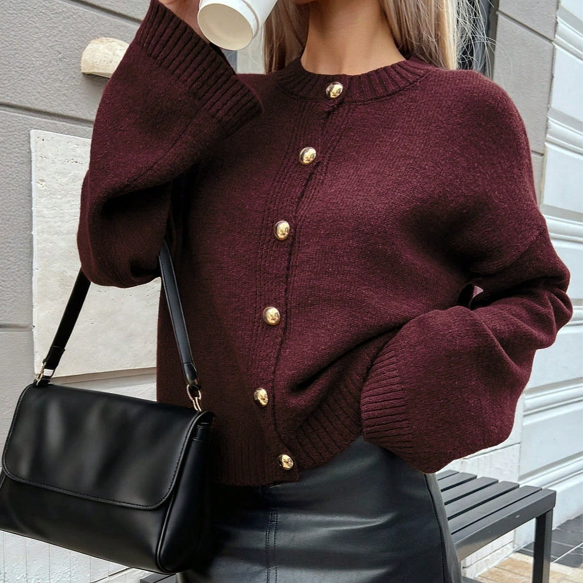 Long-sleeve Knitted Cardigan Crew-neck Loose-fit Sweater Jacket