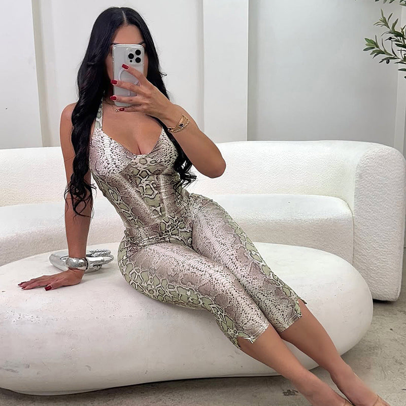 Women's Snake-Print Strappy Bodycon Jumpsuit