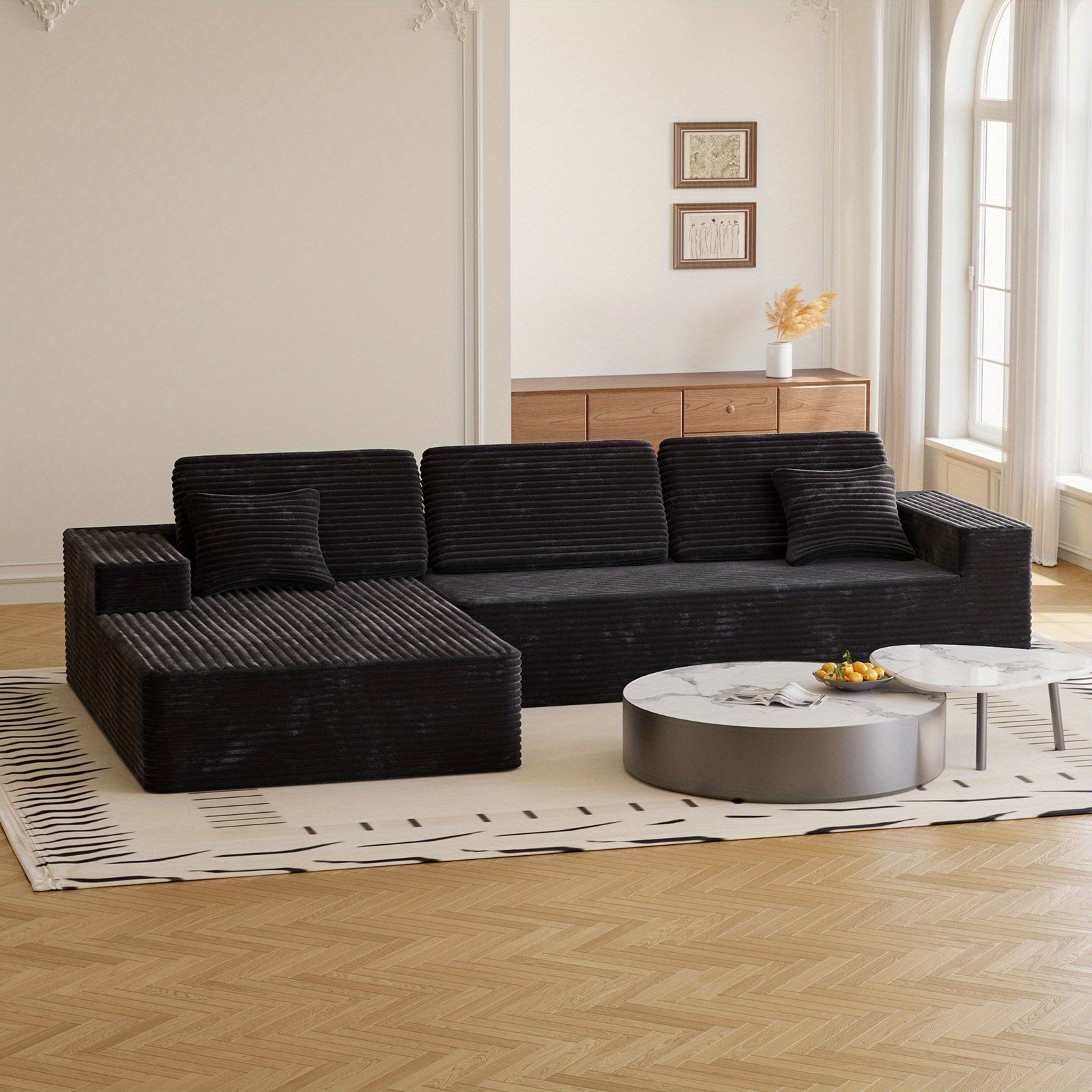 Modular L-shaped chaise longue sofa bed with deep seat and corduroy upholstery
