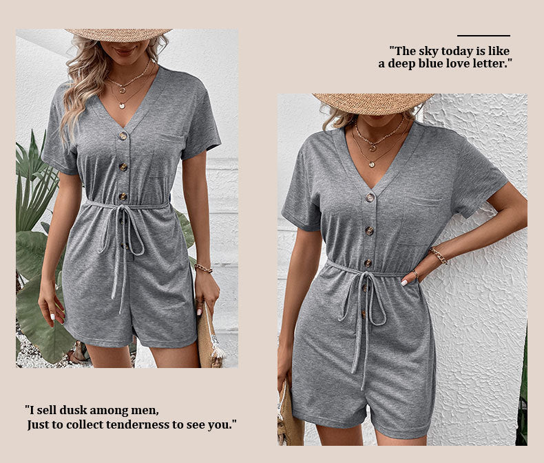 Elegant Solid Color Casual Belted Short Jumpsuit