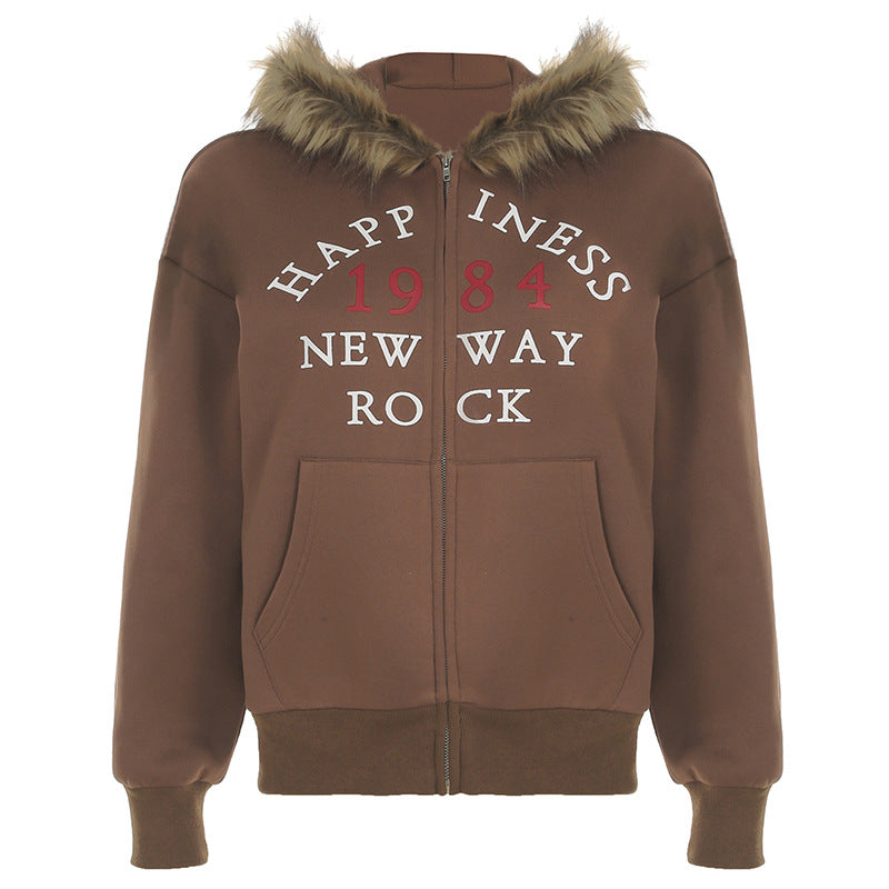 Retro Fur Collar Hooded Zipper Sweatshirt