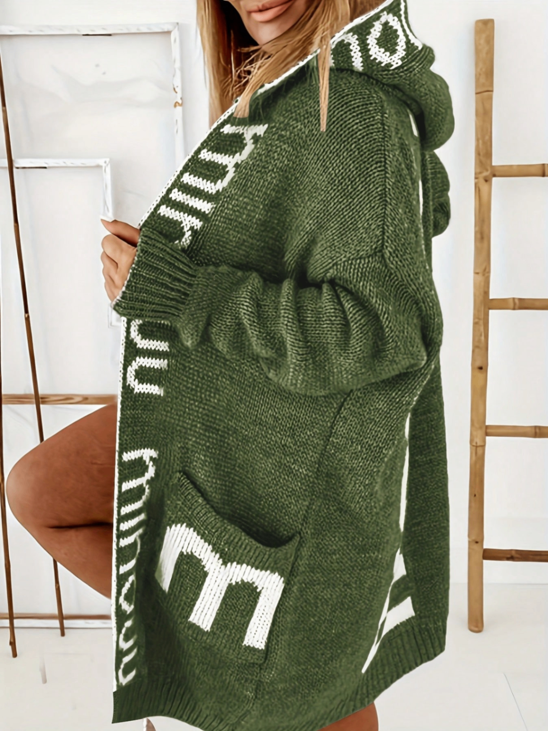 Women Loose Mid-length Hooded Knit Cardigan, Contrast Letter Jacquard Pockets Lazy Style Thick Sweater Coat for Fall Winter