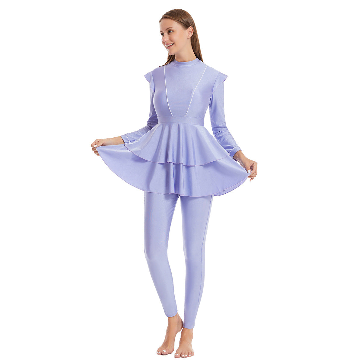 Modest Striped Three-Piece Conservative Swimsuit