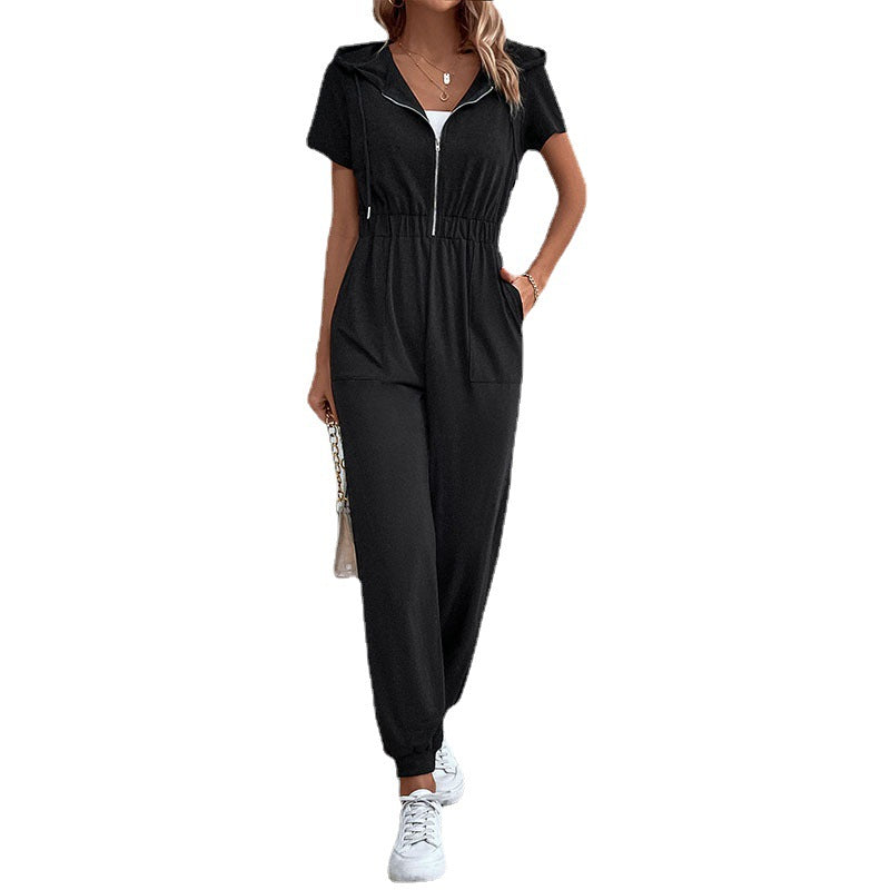 European And American-style Hooded Workwear Casual Jumpsuit