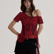 Retro Irregular Mesh Short Sleeve Tee – Cartoon Print, Soft Cotton