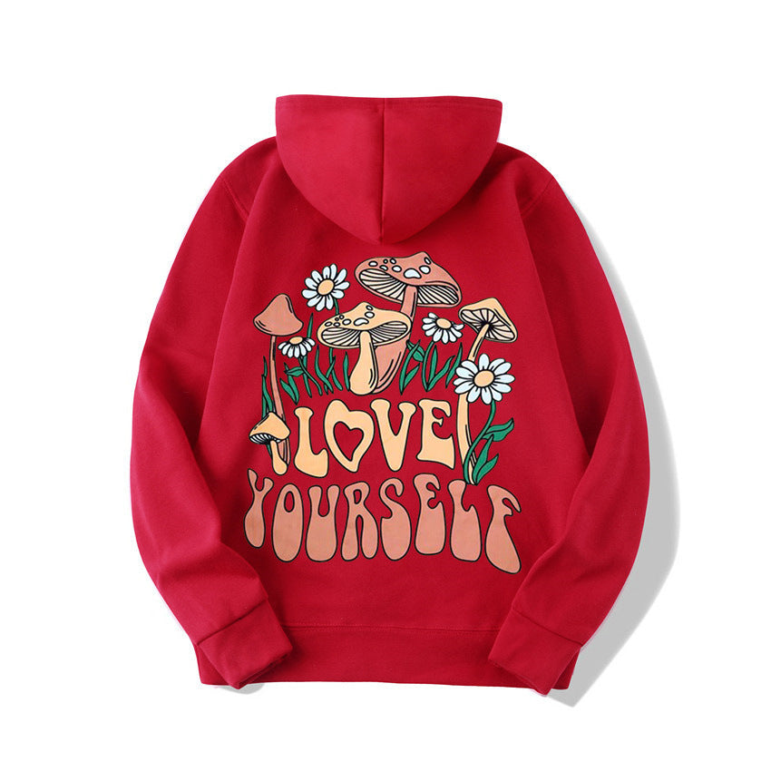 Plus Size Cute Mushroom Slogan Cozy Pullover Hoodie