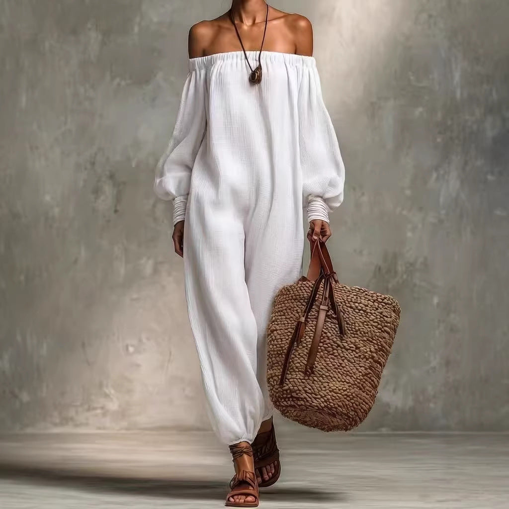 Summer Solid Colored Cotton Linen Off Shoulder Jumpsuit Harem Pants