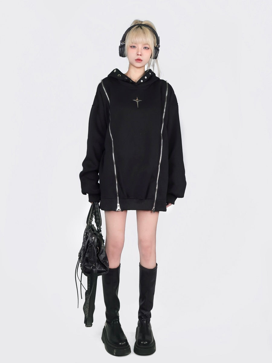 Edgy Cold-Shoulder Hollow Out Zip-Up Hoodie