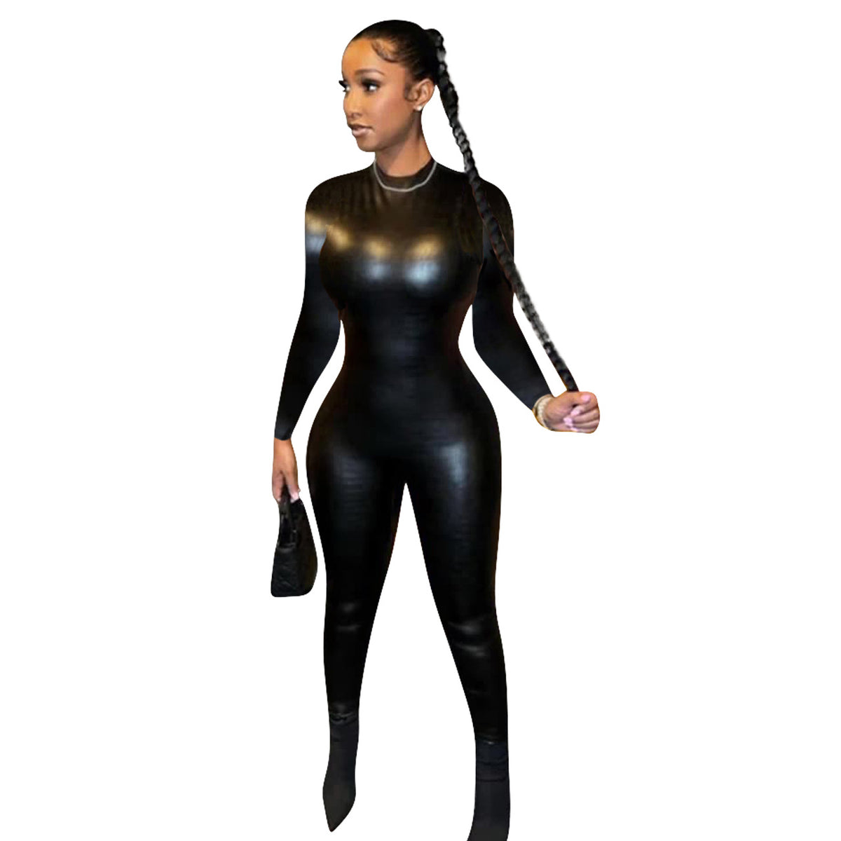 Women's Solid Color Faux Leather Pleated Serpentine Sheath One-piece Trousers