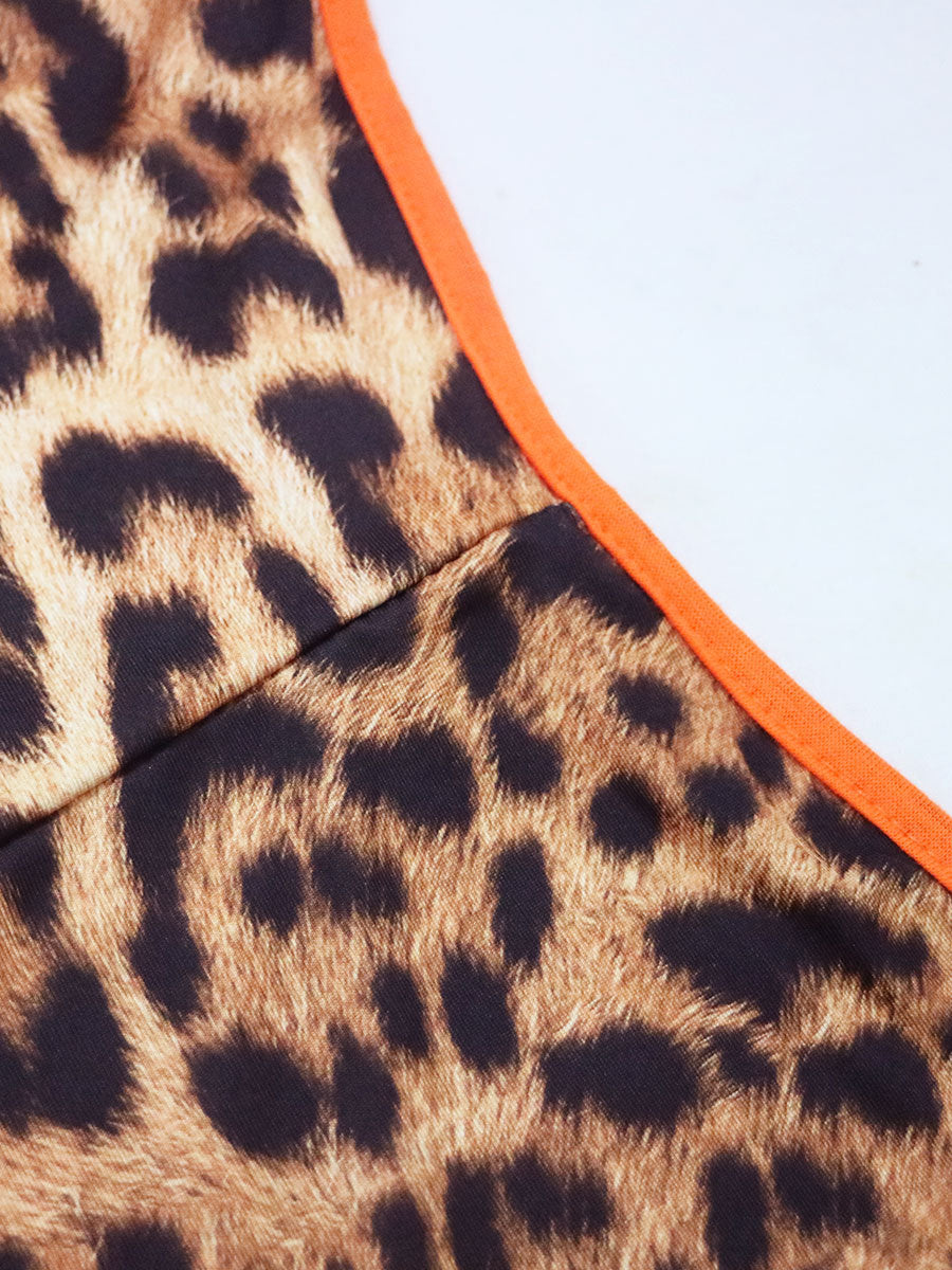 Leopard Splicing Deep V Slim Vest Jumpsuit
