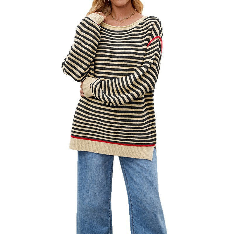 Women's Striped Knitted Round Neck Pullover Loose-fitting Long Sleeves Sweater
