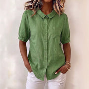 Womens Short-sleeve Button-up Top Loose-fitting Solid-color Shirt