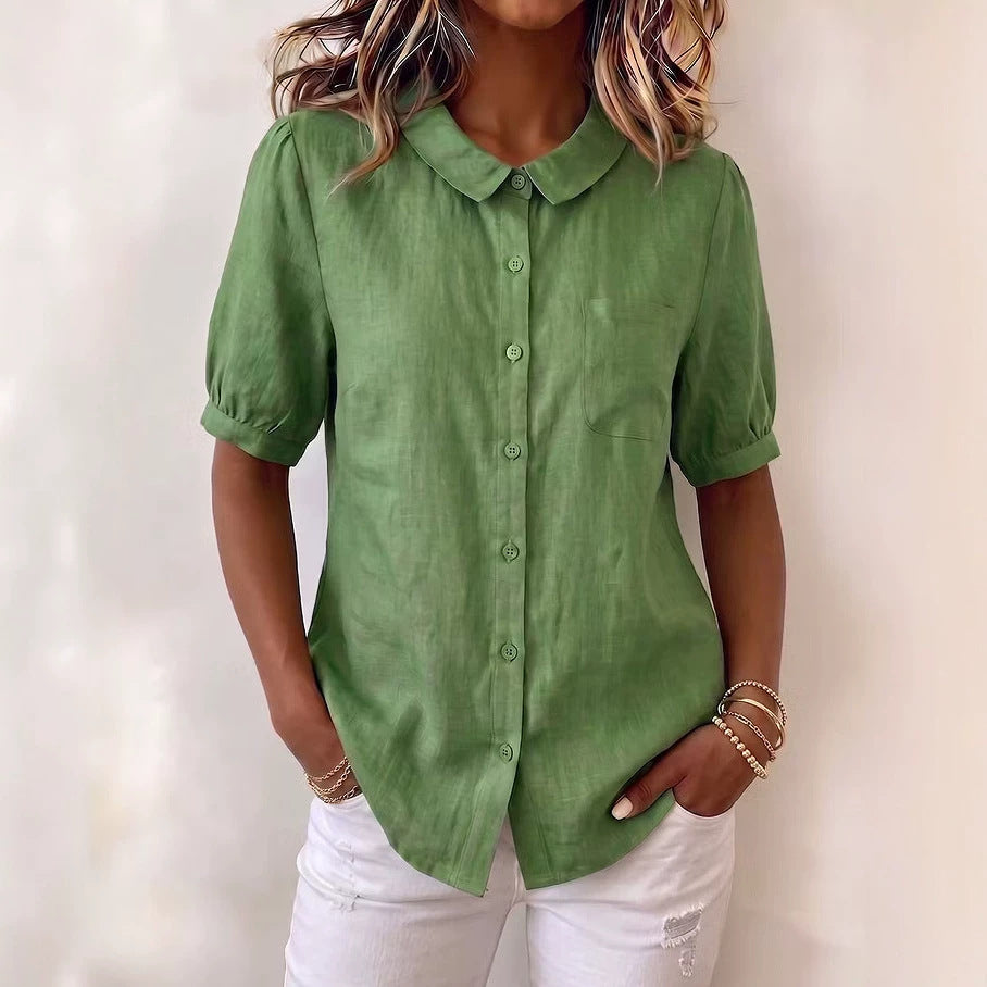 Womens Short-sleeve Button-up Top Loose-fitting Solid-color Shirt