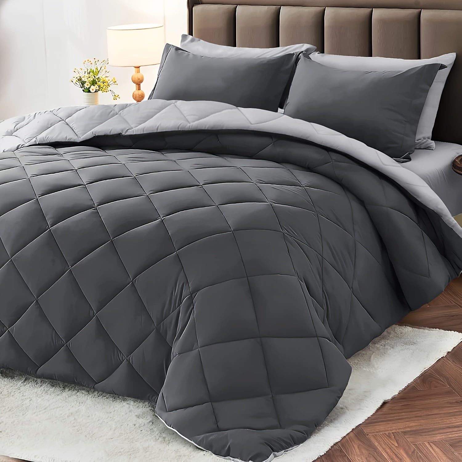 3pcs Solid Colour Checkered Comforter Set - Soft Fabric, Lightweight, All-Season, Twin/Queen/King Size Bed In A Bag, Quilt Set with Breathable Fabric And Easy Care