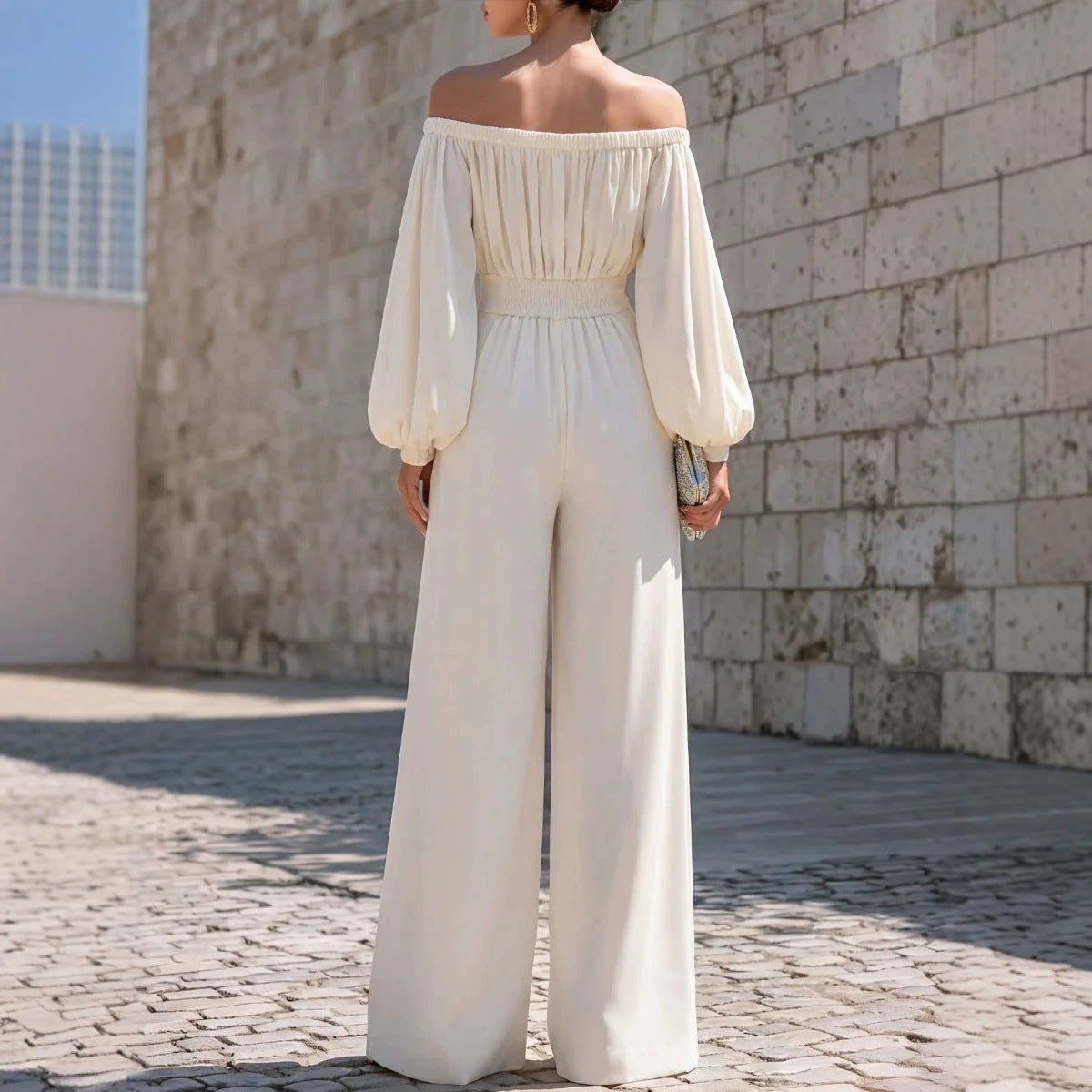 One-shoulder Puff-sleeve Waist-cinching Wide-leg Jumpsuit