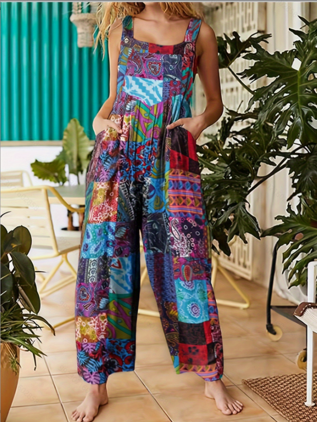 Women's Ethnic Print Button Suspender Jumpsuit