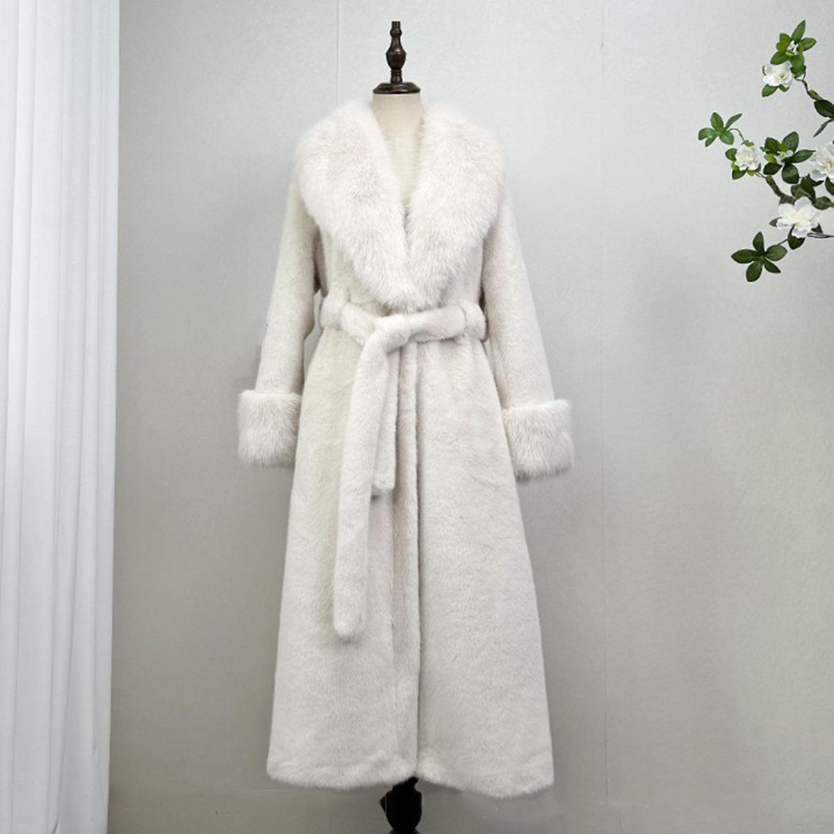 Faux Mink Fur Coat with Leather Trim, Long Over-the-Knee One-piece