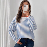 Striped Long‑Sleeve Crewneck Top – Loose Fit, Elegant Blue