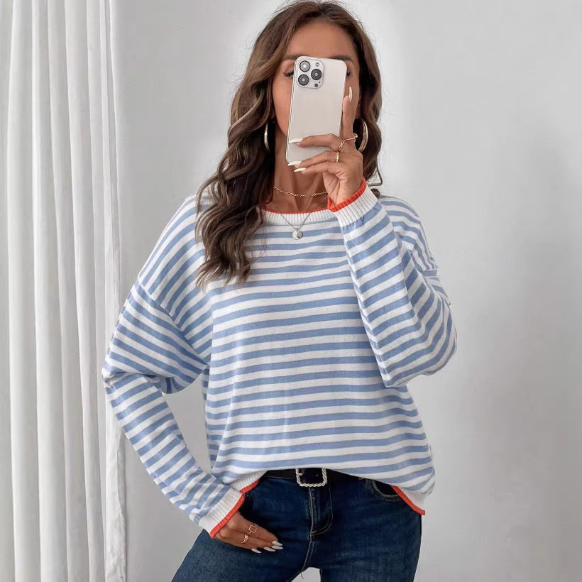 Striped Long‑Sleeve Crewneck Top – Loose Fit, Elegant Blue