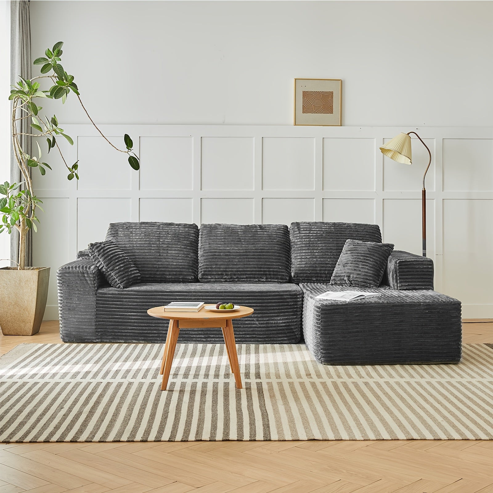 Left chaise L-shaped sectional sofa with memory foam cushions and corduroy upholstery