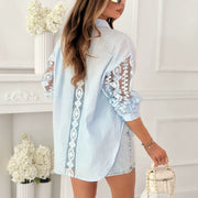 Womens Solid-Colored Casual Lace Embroidered Hollow-Out Long-Sleeve Shirt