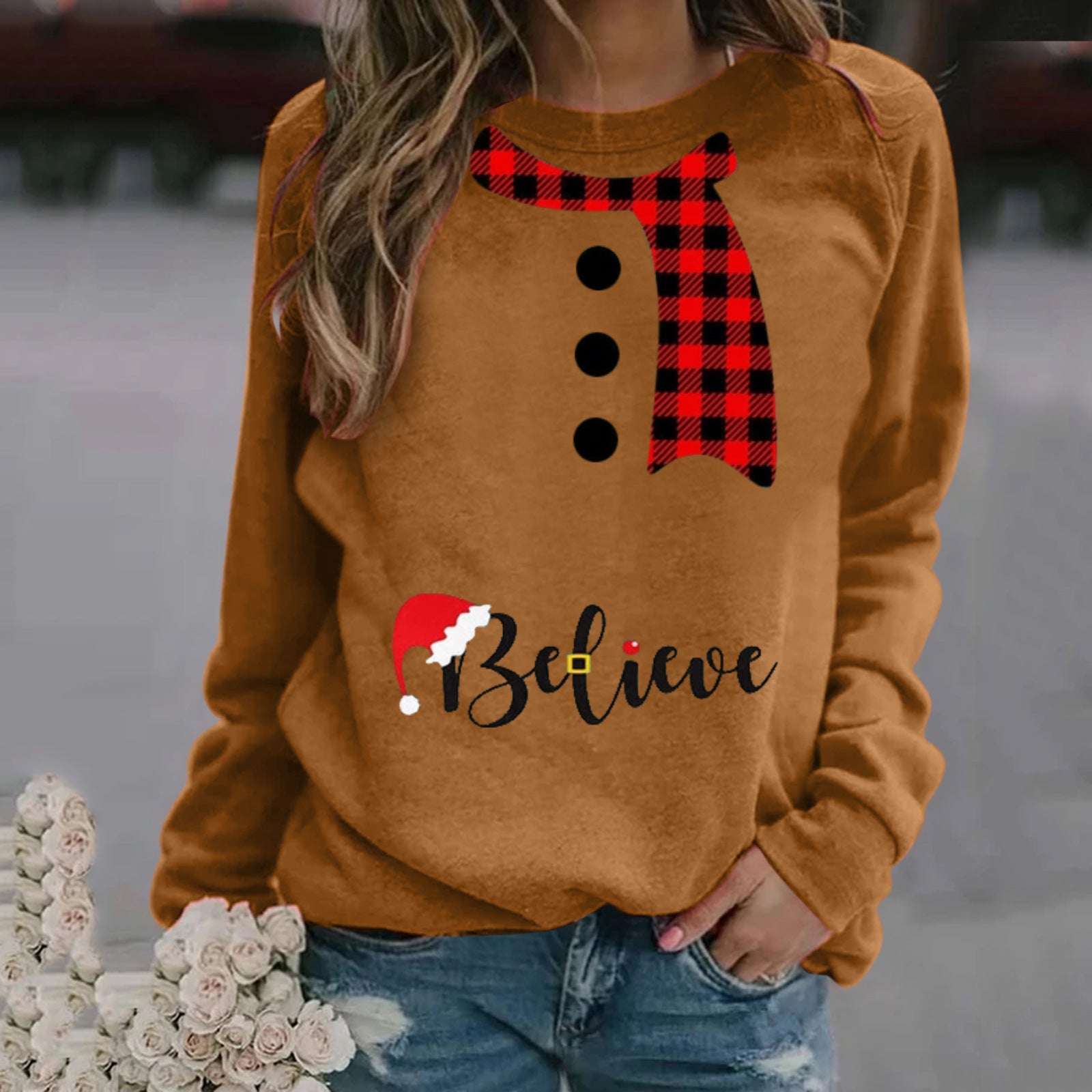 Women's Festive Christmas Print Long Sleeve Crew Neck Sweater