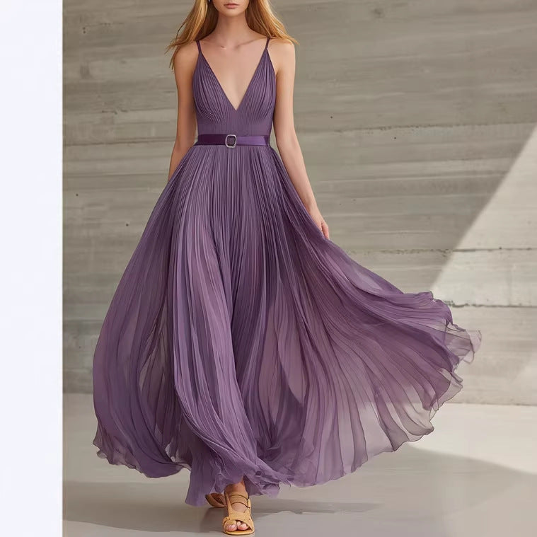 Vintage Purple Chiffon Pleated V-neck Long Dress with Belt