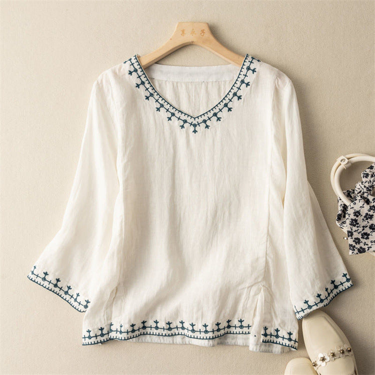 Embroidered Cotton Linen V-Neck Top