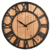 24 Inch Large Modern Farmhouse Wall Clock Rustic Wood with Metal Roman Numerals, Oversized Home Wall Hanging Decorative Clock for Office Kitchen Bedroom Living Room, Silent Battery Operated