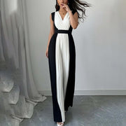 Elegant Long-Sleeve V-Neck Printed Wide-Leg Jumpsuit