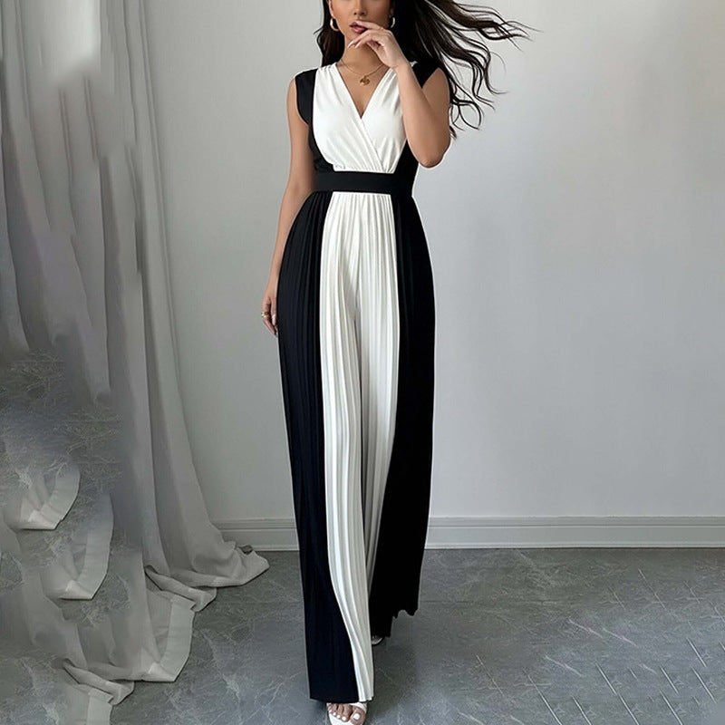 Elegant Long-Sleeve V-Neck Printed Wide-Leg Jumpsuit