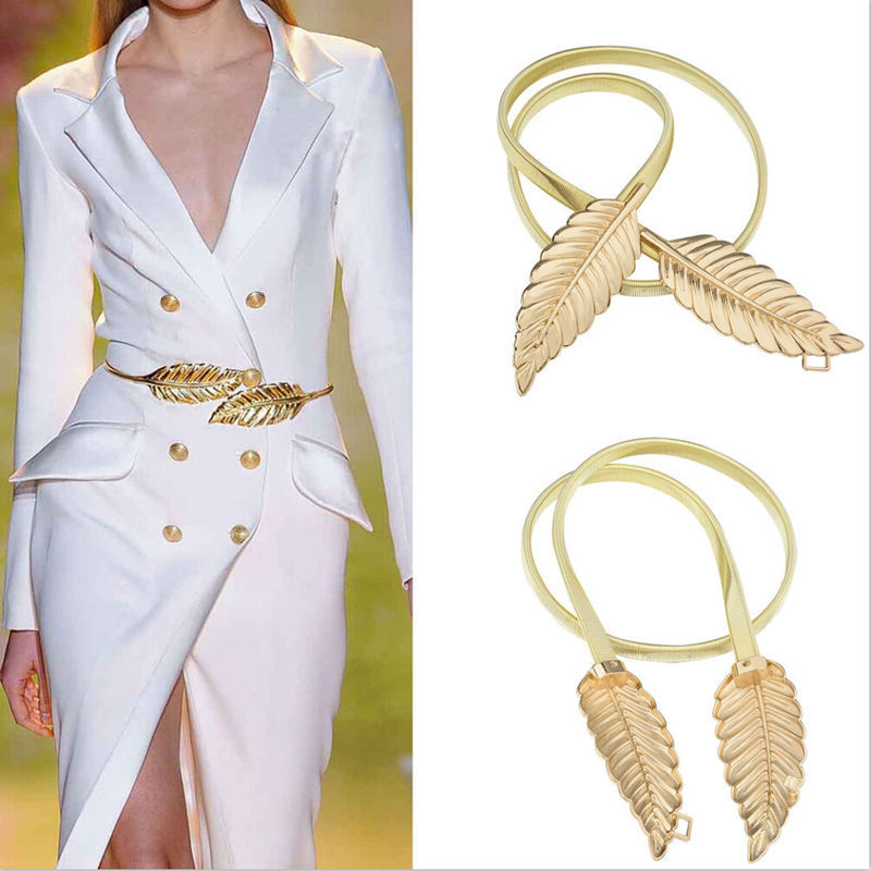 Elastic Chain Waist Belt with Decorative Leaves