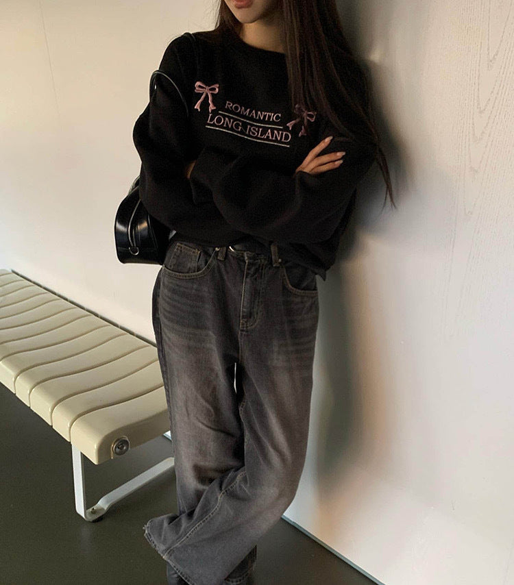 Retro Bowknot Embroidered Oversized Terry Sweater