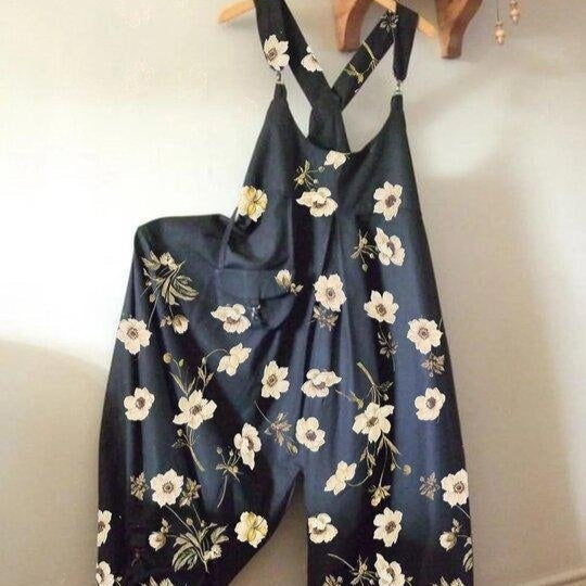 Womens Floral-Print Loose Casual Suspender Jumpsuit With Buckles