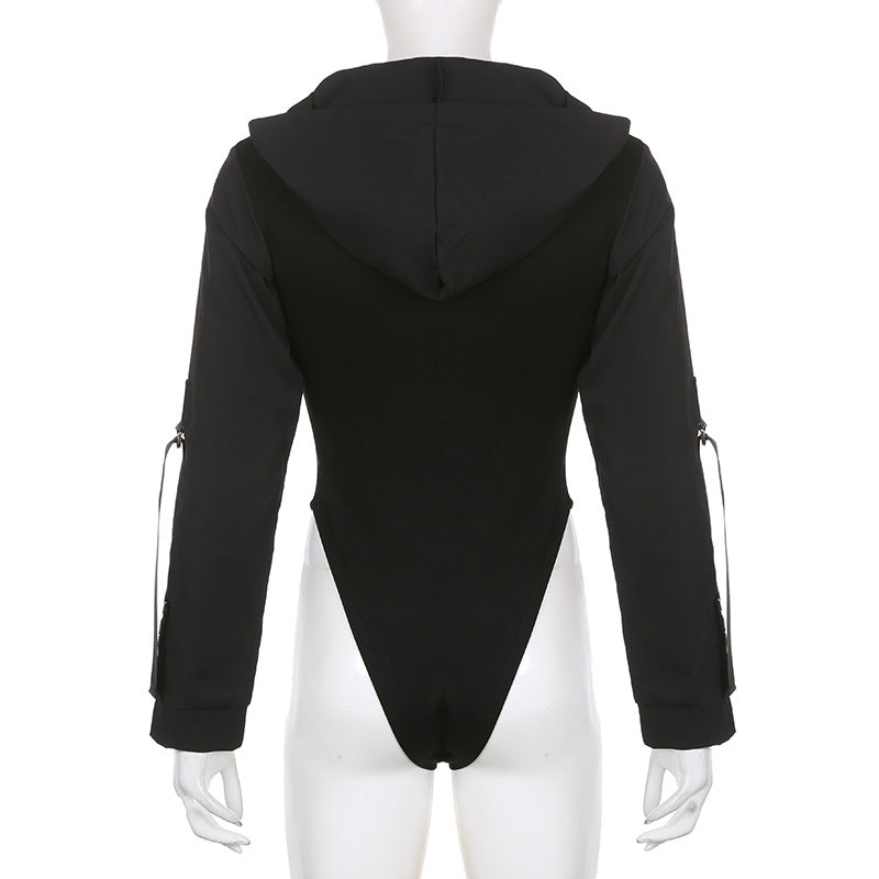 American Street Cool Locomotive Style Ribbon Zipper Hooded Long Sleeve Jumpsuit