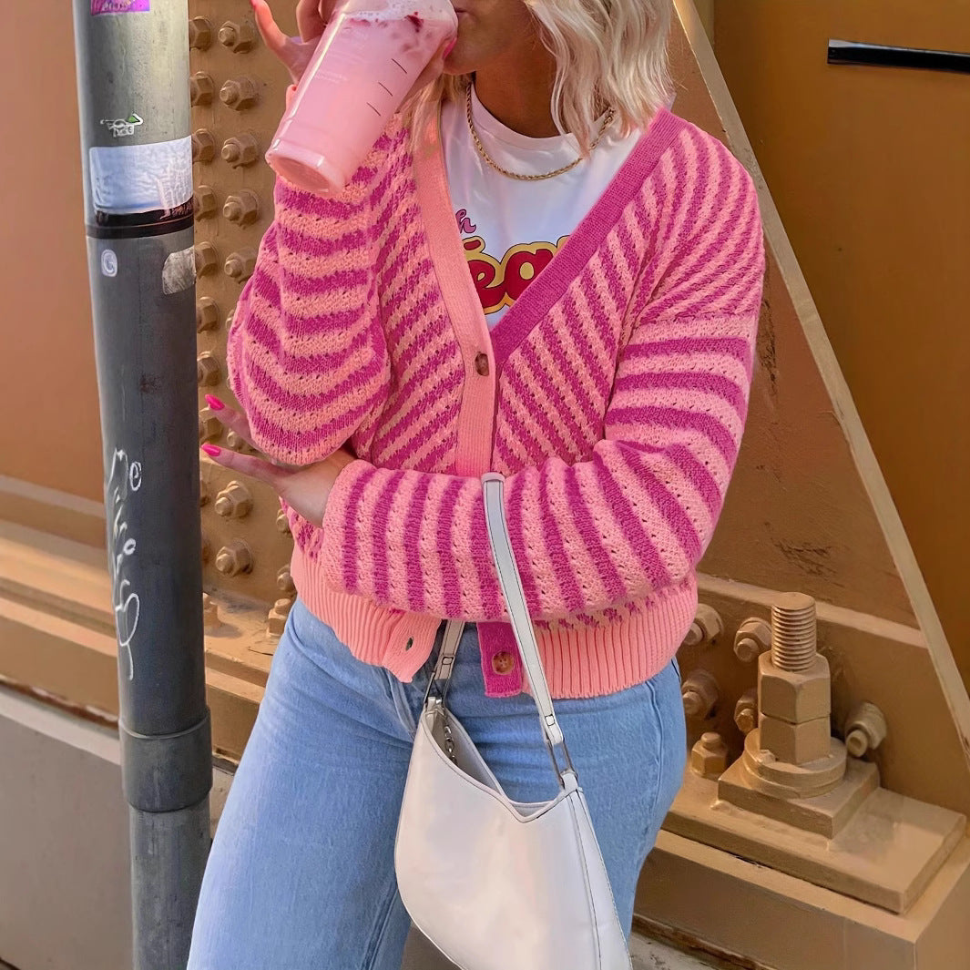 Patchwork Stripes V-neck Loose All-match Women's Cardigan Sweater
