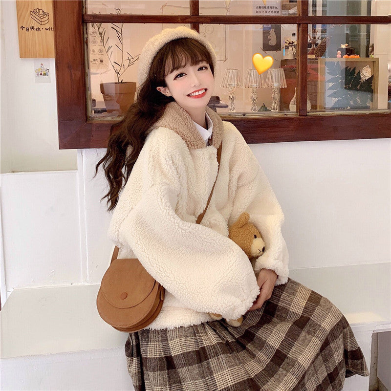 Cute Bear Ear Lamb Wool Winter Cardigan