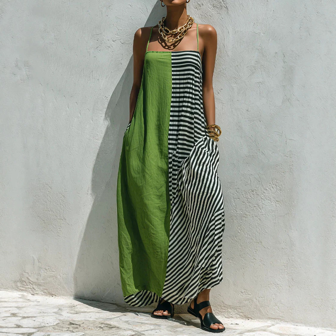 Printed Striped Strap Sleeveless Long Dress