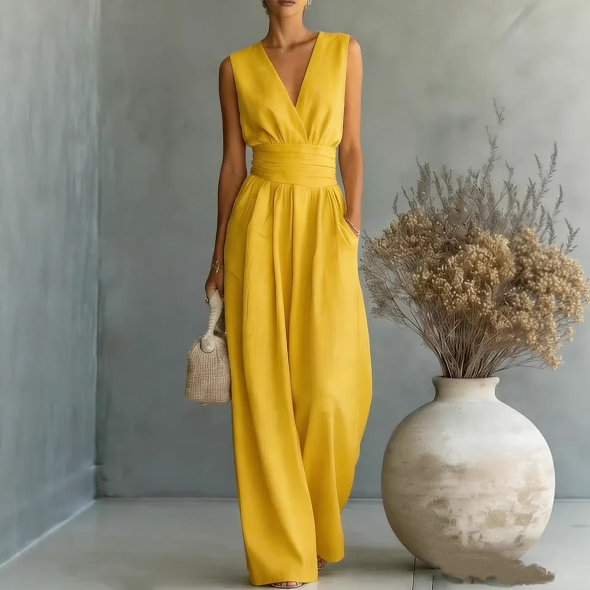 Womens Elegant Sleeveless Waist-Cinching V-Neck Sophisticated Jumpsuit