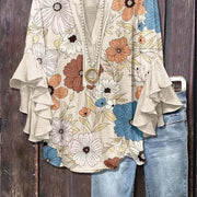 Floral Lotus-Edge V‑Neck Casual Top – Loose Fit, 3D Print